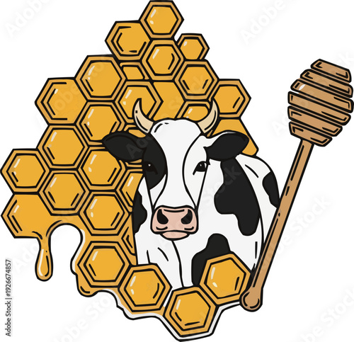 Vector of dairy cow with honeycomb pattern and honey dipper. Ideal for milk and honey branding, natural food packaging, organic farm promotions, or eco-friendly product labels