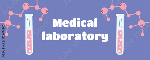 Modern Medical Laboratory Banner with Laboratory Flasks and DNA Structure, Healthcare Science Concept
