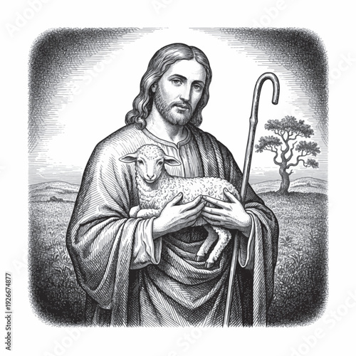 Jesus the Good Shepherd with lamb laser engraving design, vintage woodcut vector illustration, detailed hand drawn ink line art Christ holding sheep and shepherd staff for CNC engraving
