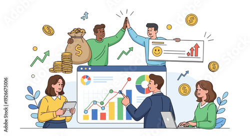 business team celebrates success, financial growth, investment profits