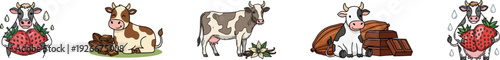 Vector illustration of cartoon dairy cow with vanilla flower, cocoa pod, and strawberry emblem. Perfect for food packaging, farm branding, and organic product design