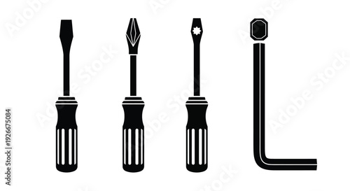 Black silhouettes of various screwdrivers and a hex key silhouette