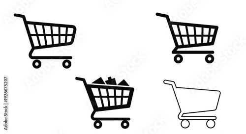 Four black shopping carts in varying perspectives a simple silhouette