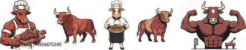 Premium bull and cow mascot bundle vector. Complete set featuring muscular chefs, vintage cattle, and bodybuilder bulls. Perfect for steakhouse branding, butchery logos, and BBQ restaurant design