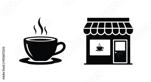 Coffee cup and cafe storefront depicted in a stark black silhouette