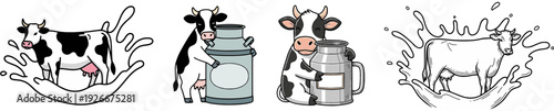 Ultimate dairy cow bundle vector. Set includes cows with milk splash, line art outlines, and mascots with milk cans. Perfect for dairy packaging, organic farm branding, and healthy food design