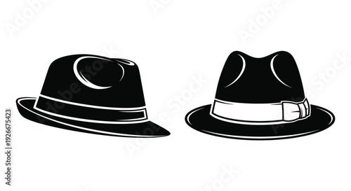 Two vintage fedora hats displayed in a striking black silhouette