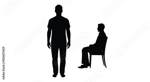 Two men in a stark scene one standing one seated silhouette