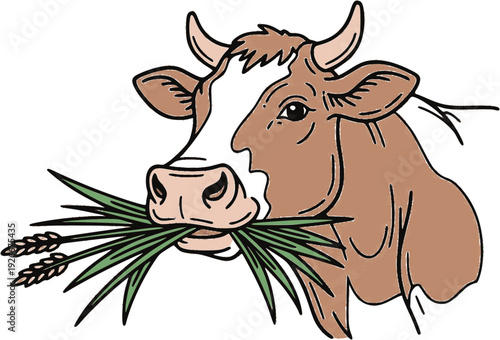 Brown and white cartoon cow chewing wheat and grass, front view. Ideal for farm labels, children’s books, agriculture ads, or educational animal graphics