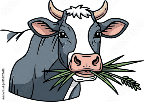 Hand-drawn cartoon cow chewing green grass, front view. Perfect for farm posters, children’s books, organic milk labels, or animal-themed educational designs