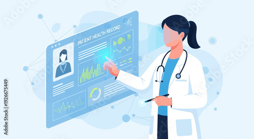 doctor using digital patient health record on futuristic screen
