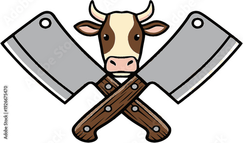 Cow head with crossed butcher cleavers vector. Professional cattle mascot for butcher shop logos, steakhouse branding, meat market labels, and butchery shop signs. Isolated cartoon illustration