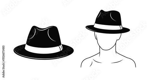 Two fedora hats displayed one on a head in stark silhouette