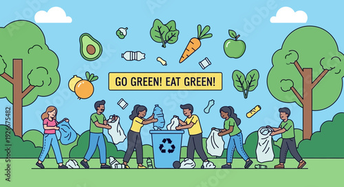 People cleaning park, recycling, eating healthy, go green concept