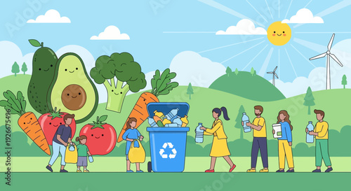 eco-friendly lifestyle: people recycling and healthy food, green environment