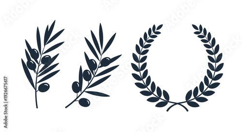 Olive branches and laurel wreaths depicted in a dark striking silhouette