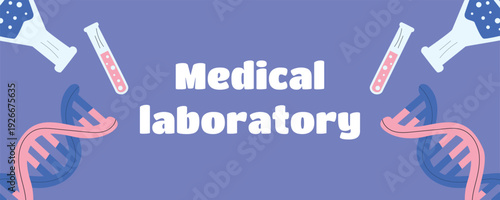 Medical Laboratory Science Banner with Flasks and DNA Helix, Modern Healthcare Research Vector Illustration