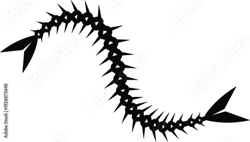  Fish bone silhouette curved shape, spiky skeleton remains illustration, marine animal carcass vector design for seafood concept, ocean wildlife symbol
