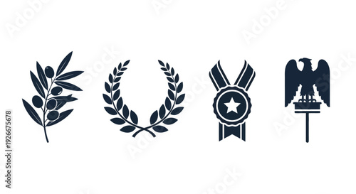 Four dark silhouettes of symbolic foliage and roman emblems silhouette