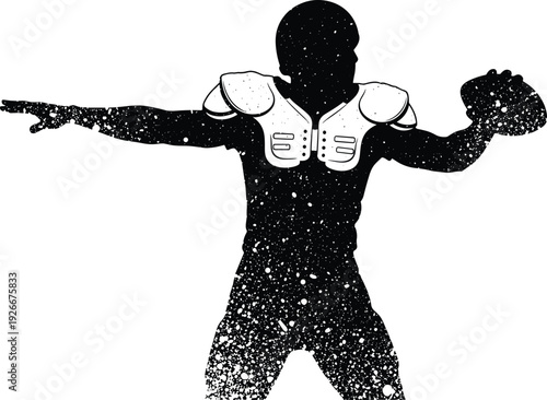  American football quarterback silhouette with shoulder pads, throwing ball action pose, grunge texture vector illustration for sports design and competition theme