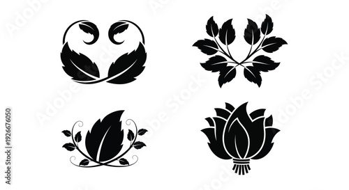 Floral designs and leafy patterns presented in stark black silhouette