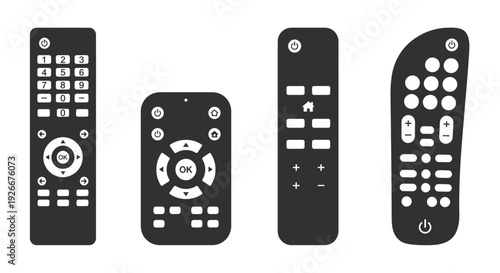 Three black remote controls with buttons shown as a silhouette