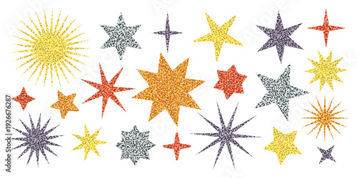 Glitter star stickers set in shiny sequin textures. Sparkling vector shapes in gold, silver, bronze, and rose gold foil colors. Great for festive designs, party decor, and scrapbooking
