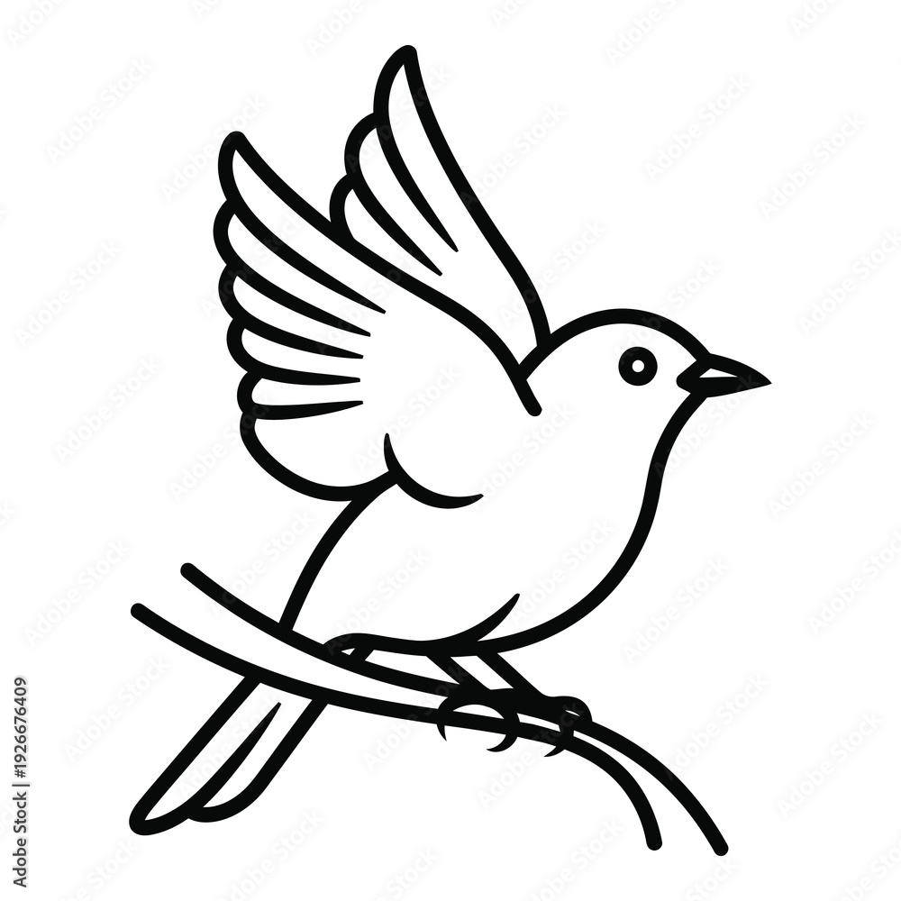 Fototapeta premium Bird sitting on a branch with one wing raised up high in air icon
