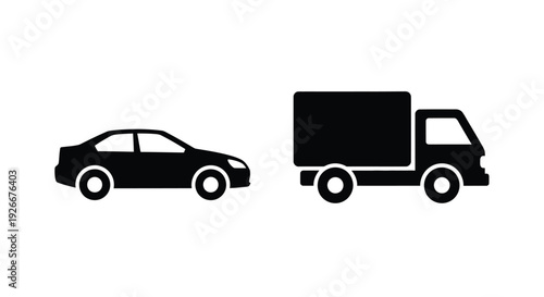 Black silhouettes of a car and a delivery truck side by side silhouette