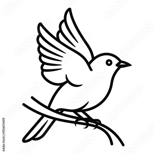 Bird sitting on a branch with one wing raised up high in air icon