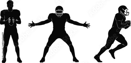  American football player silhouettes set, quarterback running pose, wide stance defender, athlete action collection, isolated vector illustration for sports design, team concept