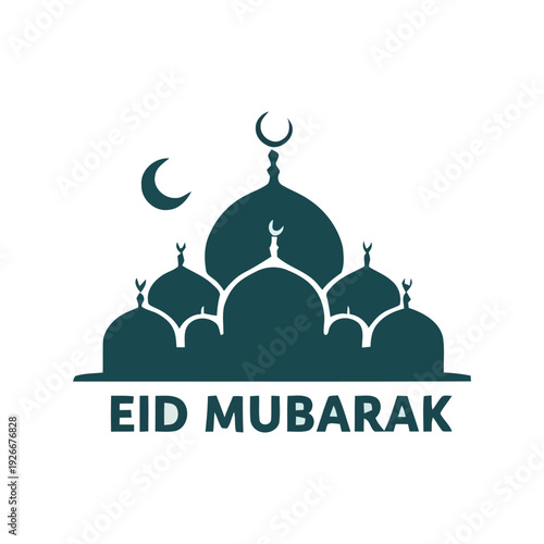 Stylized Islamic mosque silhouette with a crescent moon, a symbol of spiritual devotion and cultural celebration, perfect for festive holiday greetings and designs