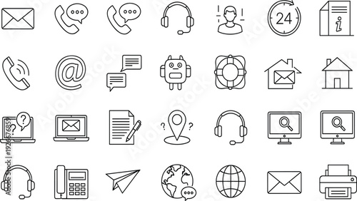 Customer Support Line Icon Set, Contact Us, Call Center, Email Marketing, Online Help Desk, Technical Assistance, Global Communication, Service Hotline,