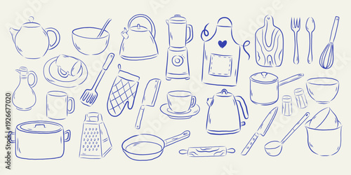 Hand drawn outline kitchen  collection featuring teapot, kettle, blender, frying pan, pot, bowl, cup, grater, knife, spatula, whisk, rolling pin, cutting board, apron, oven mitt, fork
