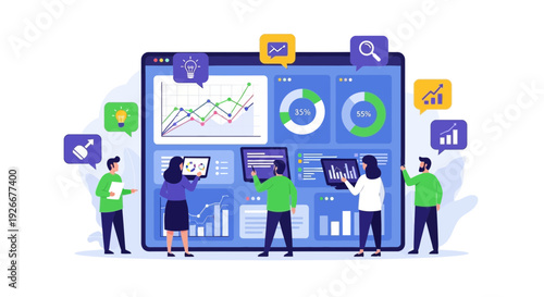 business analytics dashboard, data visualization, teamwork, digital interface