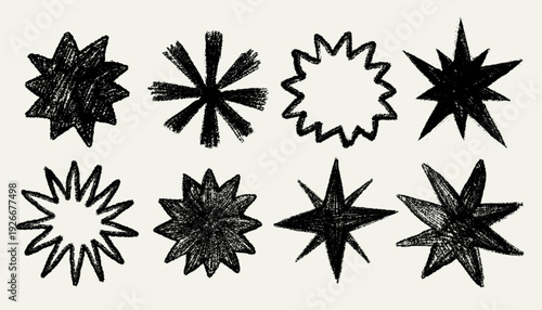 Crayon star set with bold sketch texture in black, hand drawn spiky and abstract star shapes in playful chalk style. Crayon star illustration with sketch texture. Perfect for stickers, posters, prints