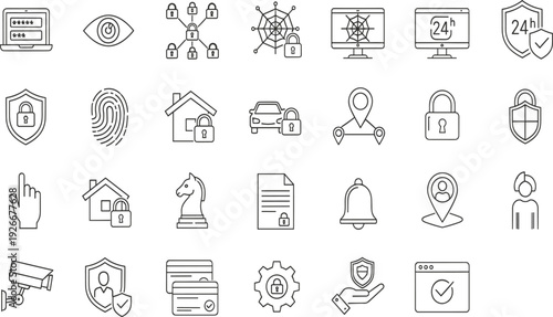 Cybersecurity and Data Protection Icon Set Featuring Network Safety, Biometric Access, Smart Home Security, Credit Card Privacy, and Online Surveillance Technology