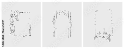 Hand drawn vector abstract outline,graphic,line celebration ornament party frames set in drawing elegant style.Elegant decoration vintage outline design isolated.Birthday,Christmas,party frames design
