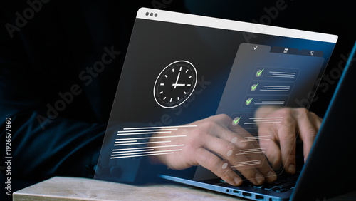 Deadline management and task completion concept — businessman working on laptop with clock and checklist interface, time management, productivity, business efficiency, digital workflow