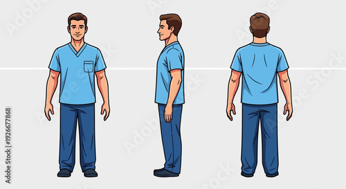 medical professional in scrubs, front, side, and back view