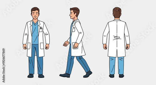 doctor in lab coat, medical professional, healthcare worker, front, side, back view
