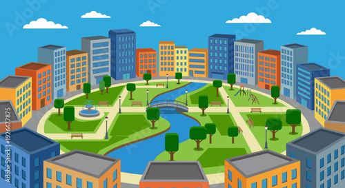 Colorful cartoon cityscape with a central park featuring a winding river, bridge, fountain, and playground, viewed from an isometric perspective under a clear blue sky