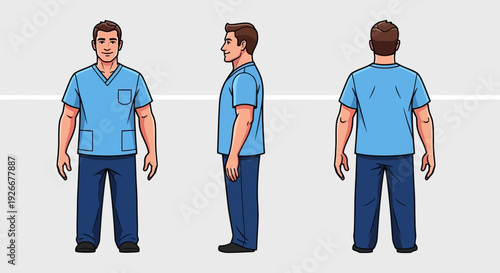 medical professional in scrubs, front, side, and back view