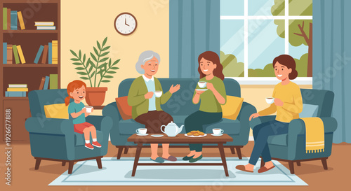 Three generations of happy women gathering together in a cozy living room, drinking tea from white cups and talking while sitting on a comfortable blue sofa and armchairs