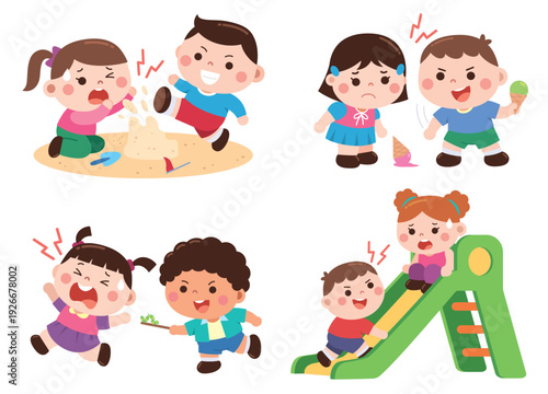 Children Fighting and Bullying at Playground Cartoon Illustration Set