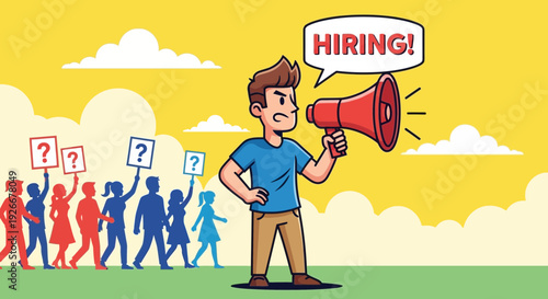 Man with megaphone announces hiring, job opportunity concept