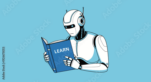 robot reading book, artificial intelligence learning, blue background
