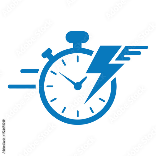 Blue stopwatch with lightning bolt and motion lines on white background icon