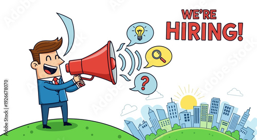hiring announcement with megaphone and city illustration