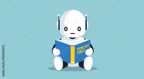 cute robot reading knowledge book, artificial intelligence concept
